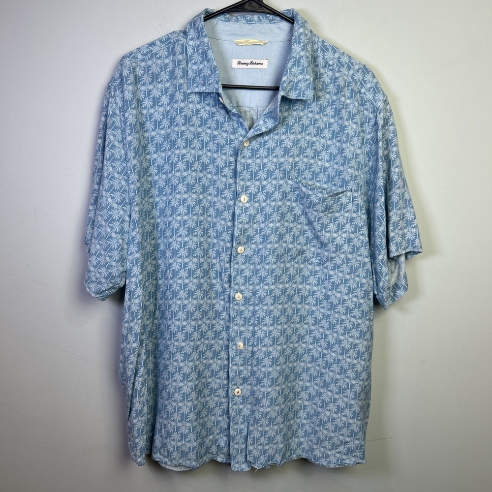 Tommy Bahama Blue‎ Palm Tree Button Up Lenzing Tropical Coastal XL